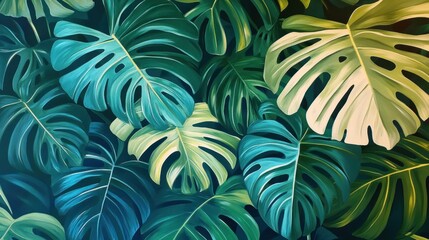 Large, glossy tropical leaves overlapping, creating a bold and lush plant background