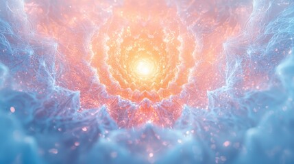 Pastel glowing mandala design on white background with space