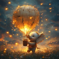 Obraz premium A cute cartoon elephant holding a hot air balloon filled with fireflies.