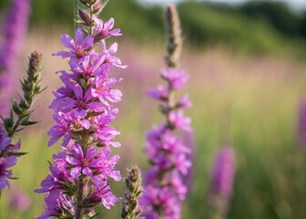 Beautiful Arrangement of Purple Loosestrife Flowers with Copy Space for Text, Ideal for Nature-Themed Designs and Backgrounds, Perfect for Print and Digital Use