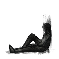 abstract figure watercolor painting isolated background black and white. depressed man sitting on the ground.