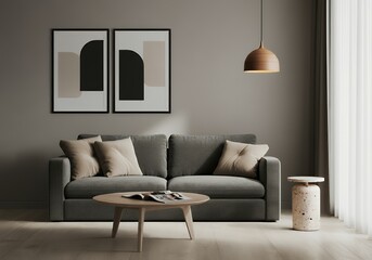 A Scandinavian-inspired living room with a sofa set and blank vertical frames with frames are placed on the wall 3d illustration image.