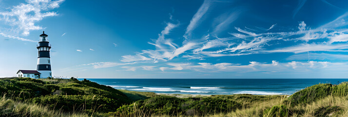 Serene Coastal Landscape Featuring a Striped Lighthouse under a Blue Sky in North Carolina