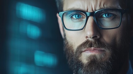 Business professional analyzing tech sector volatility in urban office portrait view corporate environment