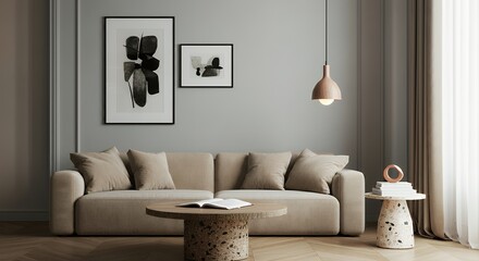 A Scandinavian-inspired living room with a sofa set and blank vertical frames with frames are placed on the wall 3d illustration image.