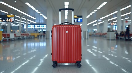 Red suitcase standing alone in an airport terminal during the day with empty waiting area and display boards in the background