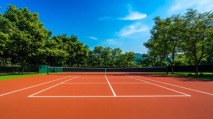 A quiet outdoor tennis court with freshly painted lines and nets, surrounded by vibrant green trees and a bright blue sky, early afternoon light enhancing the calm atmosphere