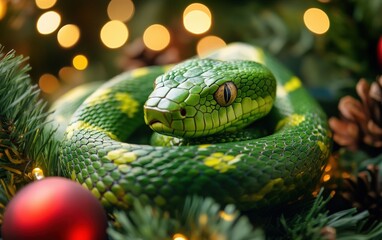 Fototapeta premium green snake christmas background professional stock photo 
