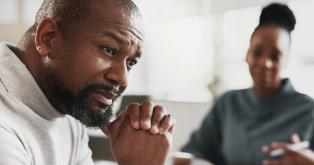 Black man, stress or therapy session with therapist for anxiety, help or mental health at appointment. African, male person or patient with psychologist for counselling, depression or marriage issues