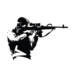 A man in a military uniform is holding a rifle. He is wearing a backpack and has a rifle in his hand