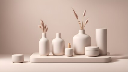 Minimalist still life with white vases and dried pampas grass on a light pink background.