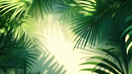 Tropical palm leaves with sunlight casting shadows, creating a warm, natural background