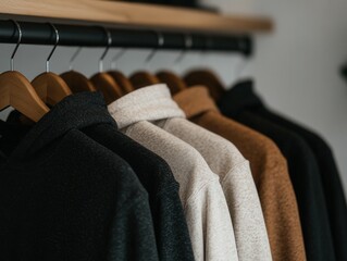 Trendy hoodies displayed on a wooden rack in a modern boutique setting