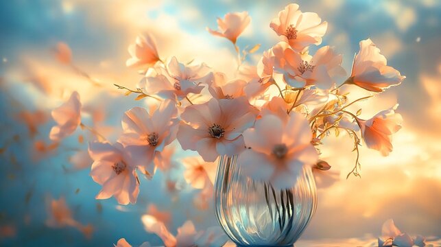 23.A calming scene with a vase of delicate blossoms bathed in the soft, warm light of a sunset. The petals reflect the pastel hues of the sky, creating a harmonious and peaceful ambiance in the
