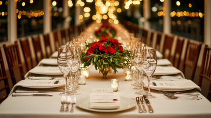 Fototapeta premium Elegant outdoor dinner party with twinkling lights, beautiful floral centerpieces, and warm, inviting atmosphere. Perfect for celebrations and gatherings