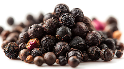 Obraz premium Black peppercorns gathered in small pyramid shape create striking visual. rich, dark colors and varied sizes evoke sense of culinary delight and spice