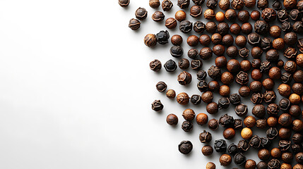 Black peppercorns scattered randomly, showcasing their unique textures and colors, create visually appealing arrangement