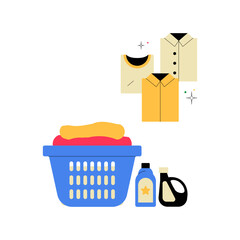 Laundry Basket With Detergent And Clothes In Flat Vector Illustration Symbolizing Laundry Services, Household Chores, And Cleanliness, Isolated On White Background.