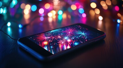 Modern smartphone displaying festive New Year’s Eve fireworks on screen, set on a dark table with colorful holiday lights surrounding it, capturing a stylish celebration ambiance.