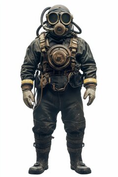 Man in old diving suit with gas mask.