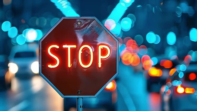 A brightly lit stop sign at night with blurred car lights in the background.