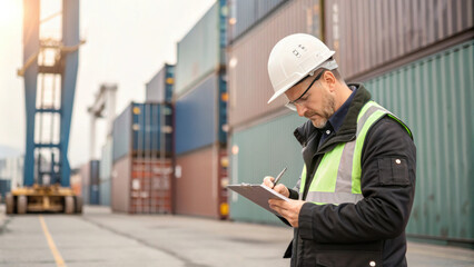 Safety inspector reviewing checklist in industrial area, wearing hard hat and reflective vest, surrounded by shipping containers