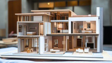 Fototapeta premium A house project model with a focus on the construction process, showcasing the layout of rooms and the structure of the building