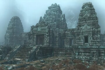 Ancient temple ruins shrouded in mist, showcasing intricate carvings and weathered stone.