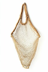 A brown fishing net hangs on a white wall.