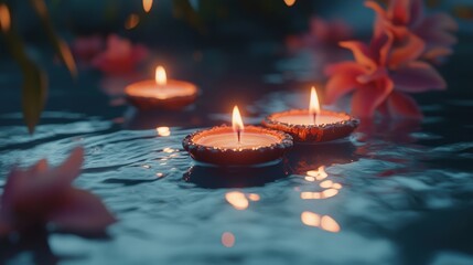 Three Burning Candles Floating in a Still Body of Water