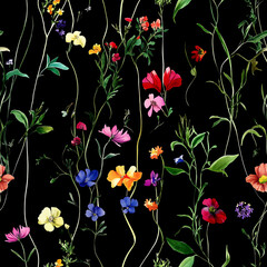 Colorful and lush watercolor wildflowers, flowing greenery adding elegance to the black background, seamless design