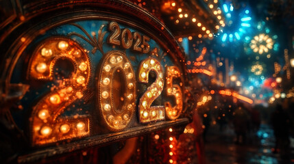 Obraz premium Eye-catching New Year celebration with colorful fireworks bursting into the night sky, surrounded by vibrant decorations and flashing lights, capturing the joy and excitement of welcoming 2025.