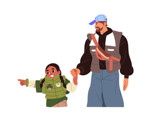 Happy interracial family spends time together. Parent and kid hold hands, walks. Father and daughter stroll, curious little girl pointing with finger. Flat isolated vector illustration on white