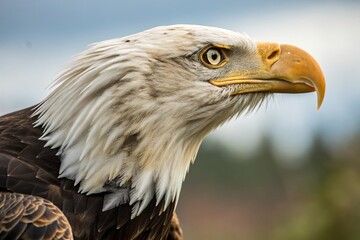 Obraz premium Captivating Close-Up of a Bald Eagle's Eye and Ear, Showcasing Impressive Detail in the Feather Texture and Natural Colors, Perfect for Wildlife and Nature Photography Enthusiasts