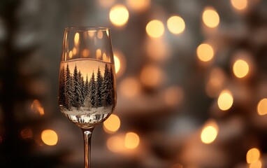 Winter Forest Reflected in Champagne Glass: Close-up of a champagne glass with a winter forest scene reflected in the glass, soft holiday lights around it creating a warm, inviting glow 