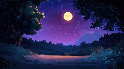 Naklejka premium Nighttime Landscape with Full Moon and Starry Sky