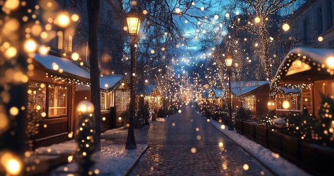 きれいなイルミネーションの光る夜景 冬の街 クリスマスマーケットの景色 ライトアップされた風景