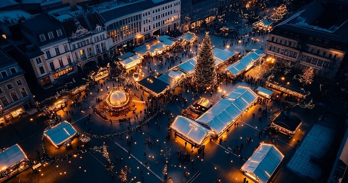 ドローン撮影風のきれいなイルミネーションの光る夜景 冬の街 クリスマスマーケットの景色