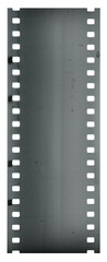 long and old looking 35mm filmstrip on white background, black and white film material.