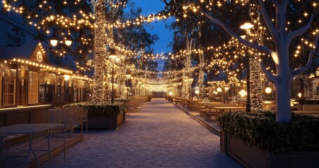 きれいなイルミネーションの光る夜道 雪の日のの夜景 冬の街 クリスマスシーズンのライトアップ