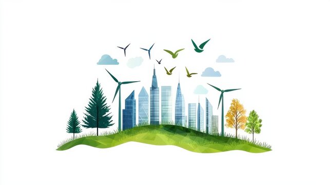 Urban renewal initiative modern cityscape graphic illustration green environment aerial view smart grid integration