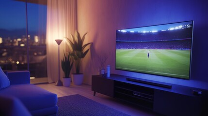 A live soccer match being streamed on a large TV in a well-designed apartment, with the game in focus and the modern living space enhancing the experience