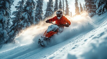 A snowmobiler speeds down a snowy slope, kicking up a spray of snow. The sun shines brightly in the background, illuminating the trees and the snow.