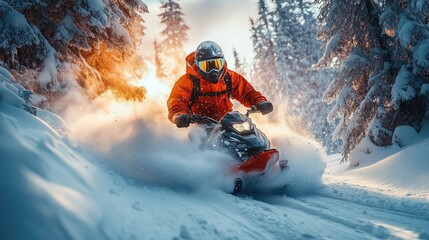 A snowmobiler speeds through a snowy forest, kicking up a plume of snow as the sun shines through the trees.