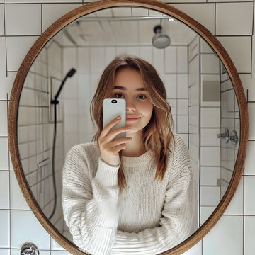 A woman taking a selfie photo in a bathroom mirror 