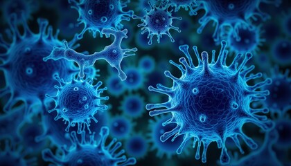 Obraz premium Bacteria exposure risk. A close-up view of microscopic viruses or bacteria, showcasing their intricate shapes and structures in a vibrant blue hue.