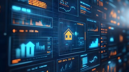 A futuristic digital interface showcasing property data visualization, featuring charts, graphs, and a central house icon representing real estate analytics.