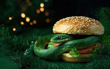 Fototapeta premium burger on green christmas new year background with green snake professional stock photo 