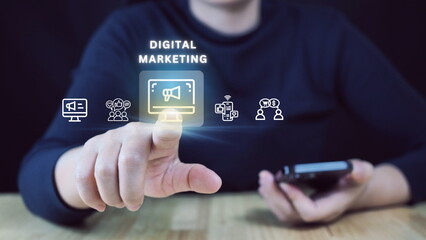 Hand shows the sign and icon of Digital marketing internet advertising and sales increase business technology concept, online marketing, E-business, Ecommerce, Business online.