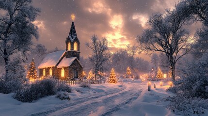 A snowy church with lit Christmas trees in a winter wonderland.